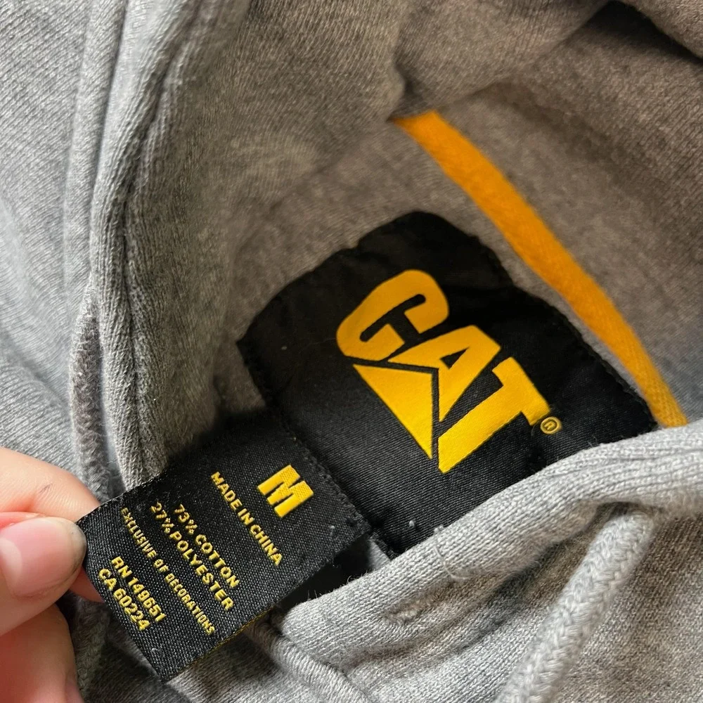 CAT Caterpillar Hoodie Mens Medium Grey Embroidered Logo Pullover Sweatshirt